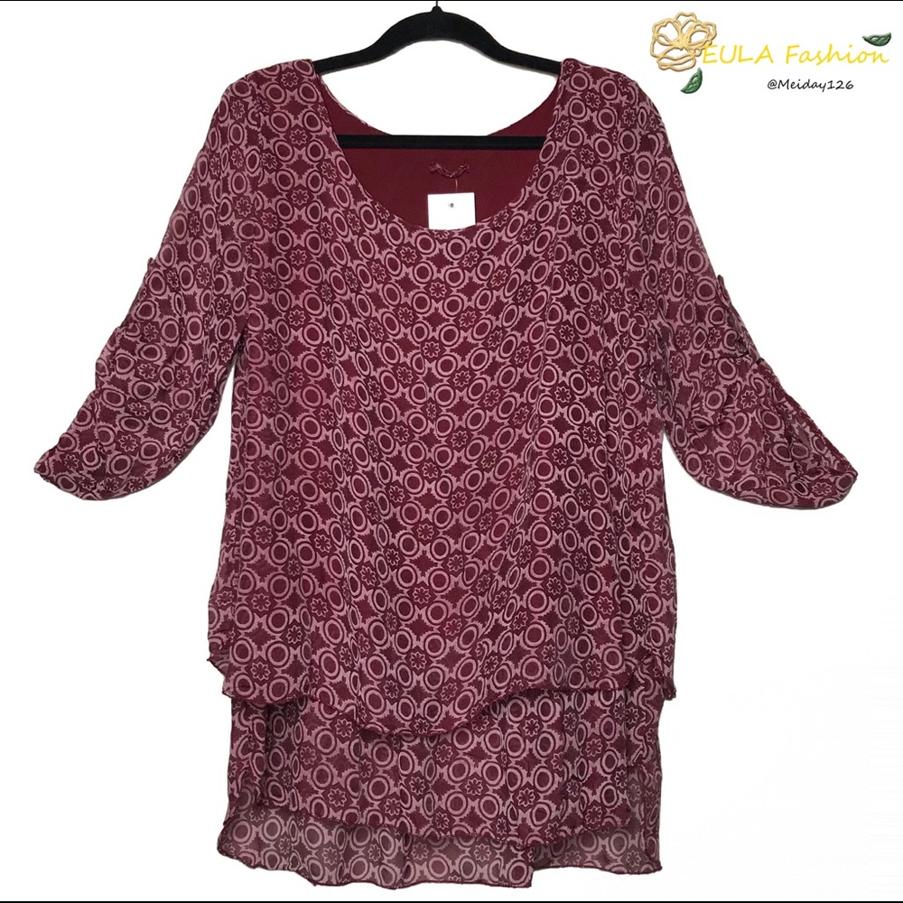 Red Geometric Pattern Layered Silk Blend Blouse